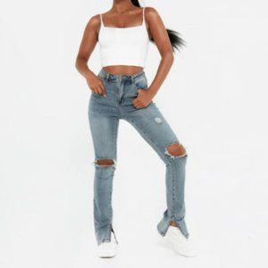 LAZULI LABEL DISTRESSED BOOTLEG SPLIT HEM JEANS